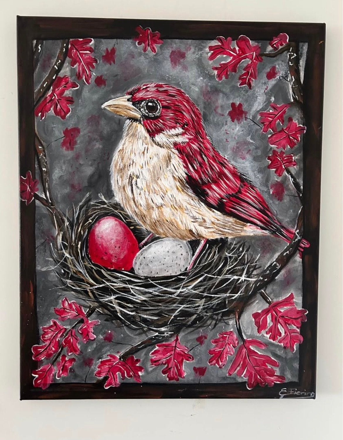 Roodborstje in nest met eieren - Acryl op doek 40x50 cm, Antiek en Kunst, Acrylverf, Doek, Realistisch, Dieren