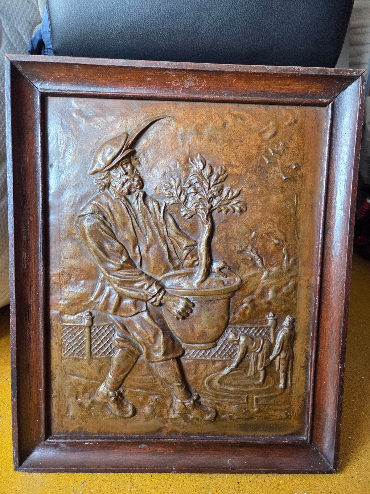 Antiek bronzen reliëf 'De Tuinman' gesigneerd AHZN 1830, Antiek en Kunst, Ophalen
