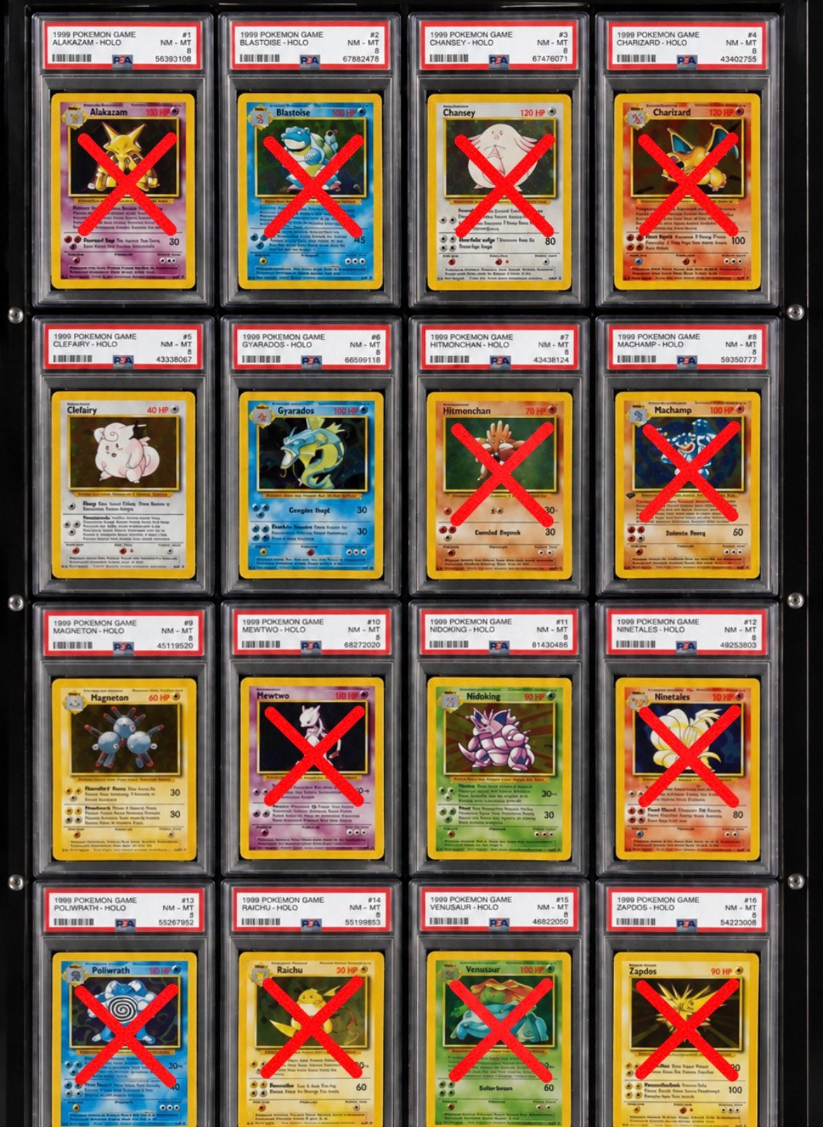 GEZOCHT: Pokémon Base Set 1999 Holo PSA 8 engels, Ophalen of Verzenden, Zo goed als nieuw, Meerdere kaarten
