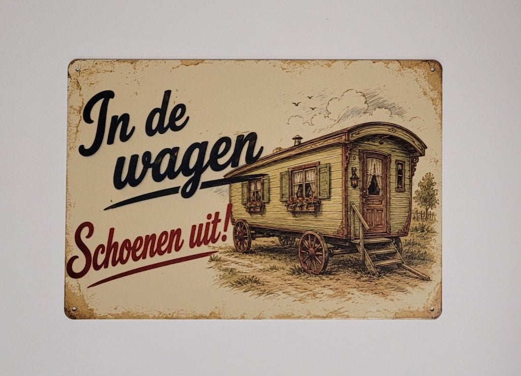 In de wagen schoenen uit woonwagen reclamebord van metaal, Info@deconoord.nl, Deco Noord, Nieuw, Ophalen of Verzenden