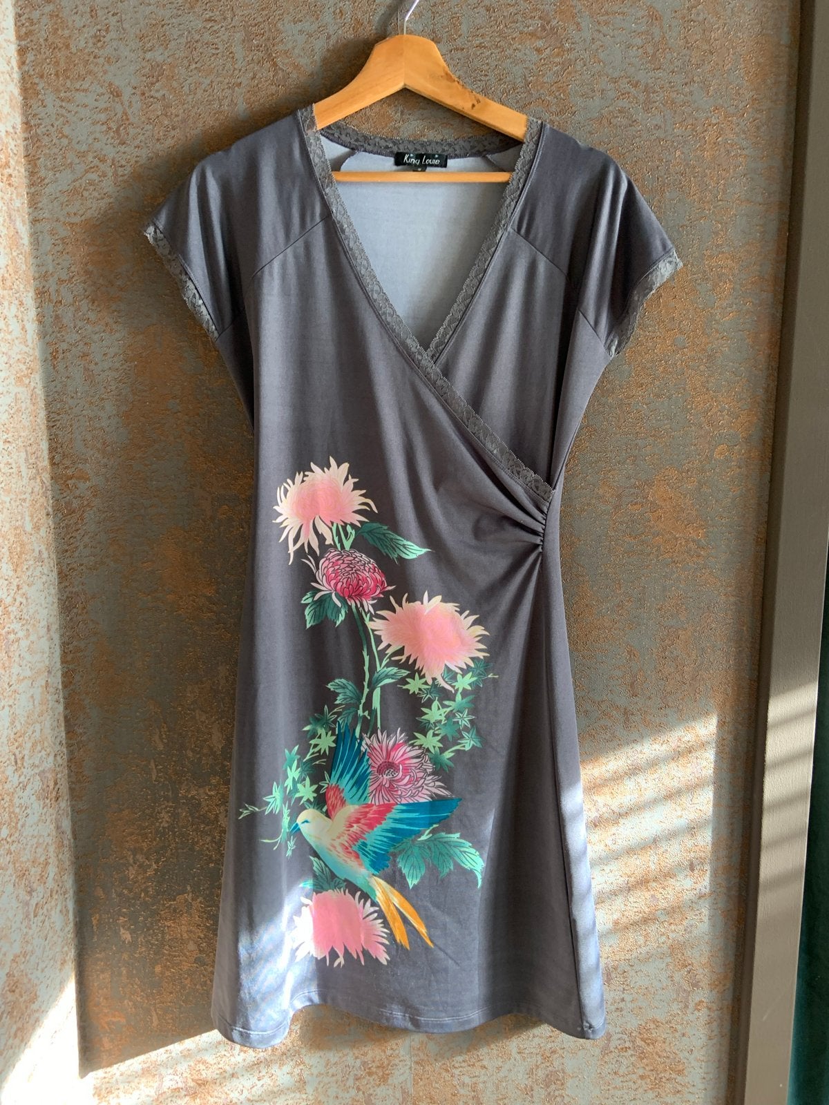 King Louie jurk S met vogel- en bloemenprint, Ophalen of Verzenden, Zo goed als nieuw, Knielengte, Maat 36 (S)