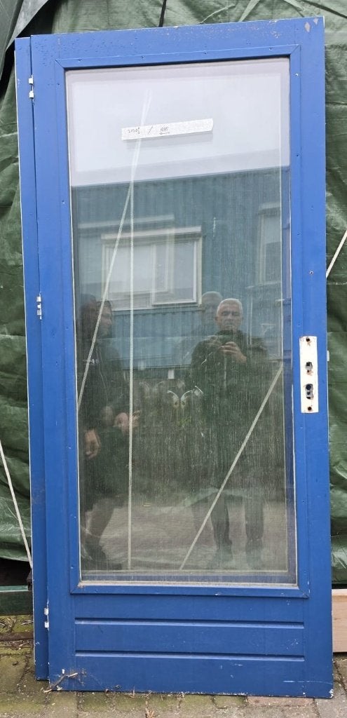 dubbele tuindeur kleur blauw geheel glas met hardhout, Ophalen, Gebruikt, Buitendeur, Glas