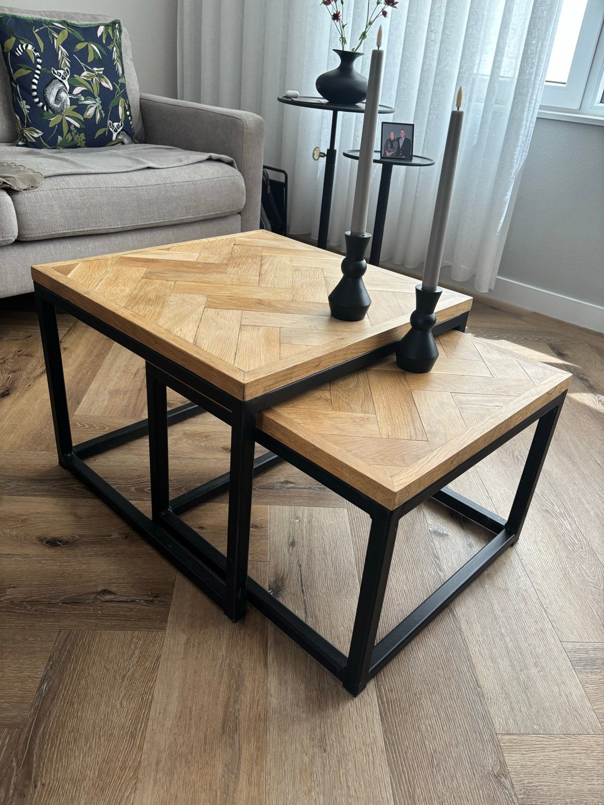 Salontafel set eikenhout visgraat met metalen onderstel, Huis en Inrichting, Tafels | Salontafels, Ophalen, Gebruikt, 50 tot 100 cm