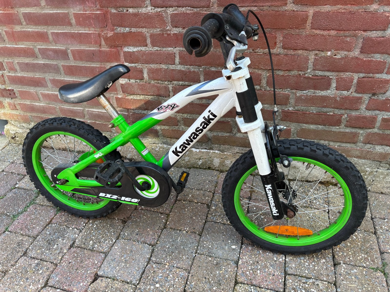 Kawasaki kinderfiets Groen/Wit, Fietsen en Brommers, Fietsen | Kinderfietsjes, Ophalen, Gebruikt, Velgrem, Minder dan 16 inch