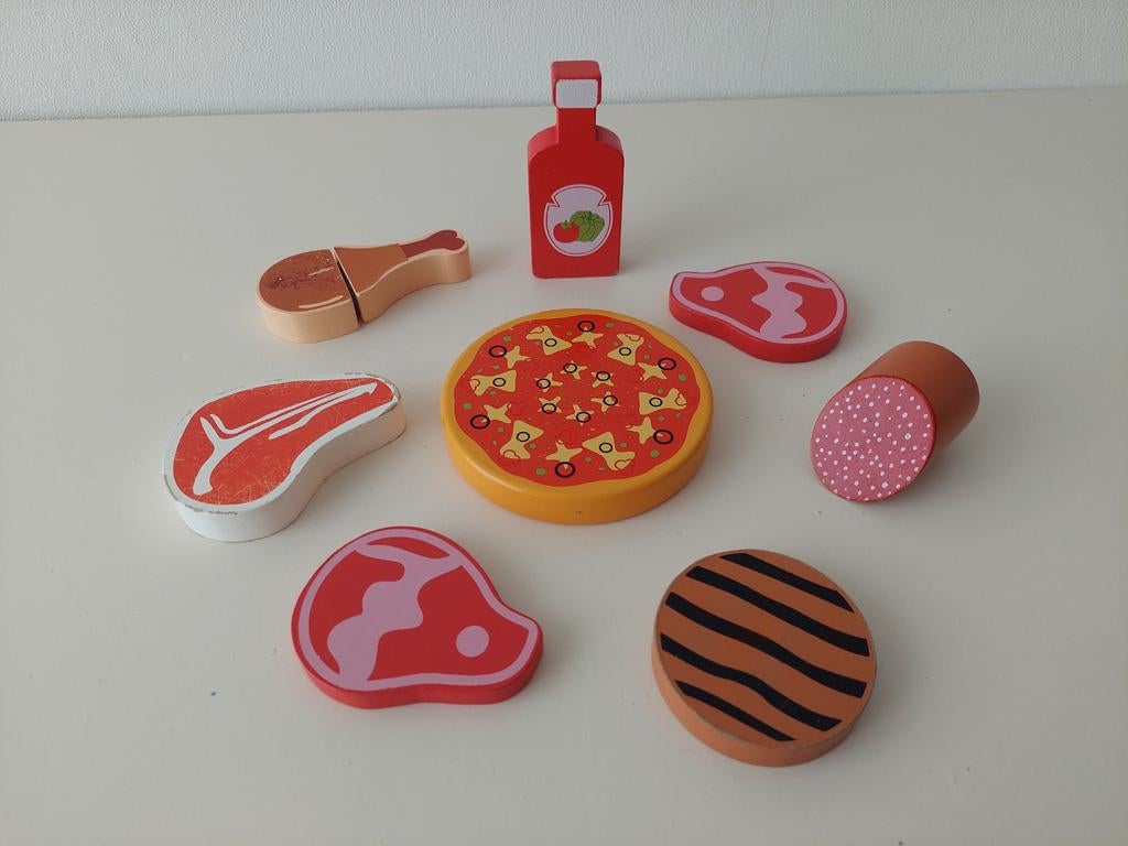 Houten vlees set met pizza en ketchup, Ophalen of Verzenden, Gebruikt