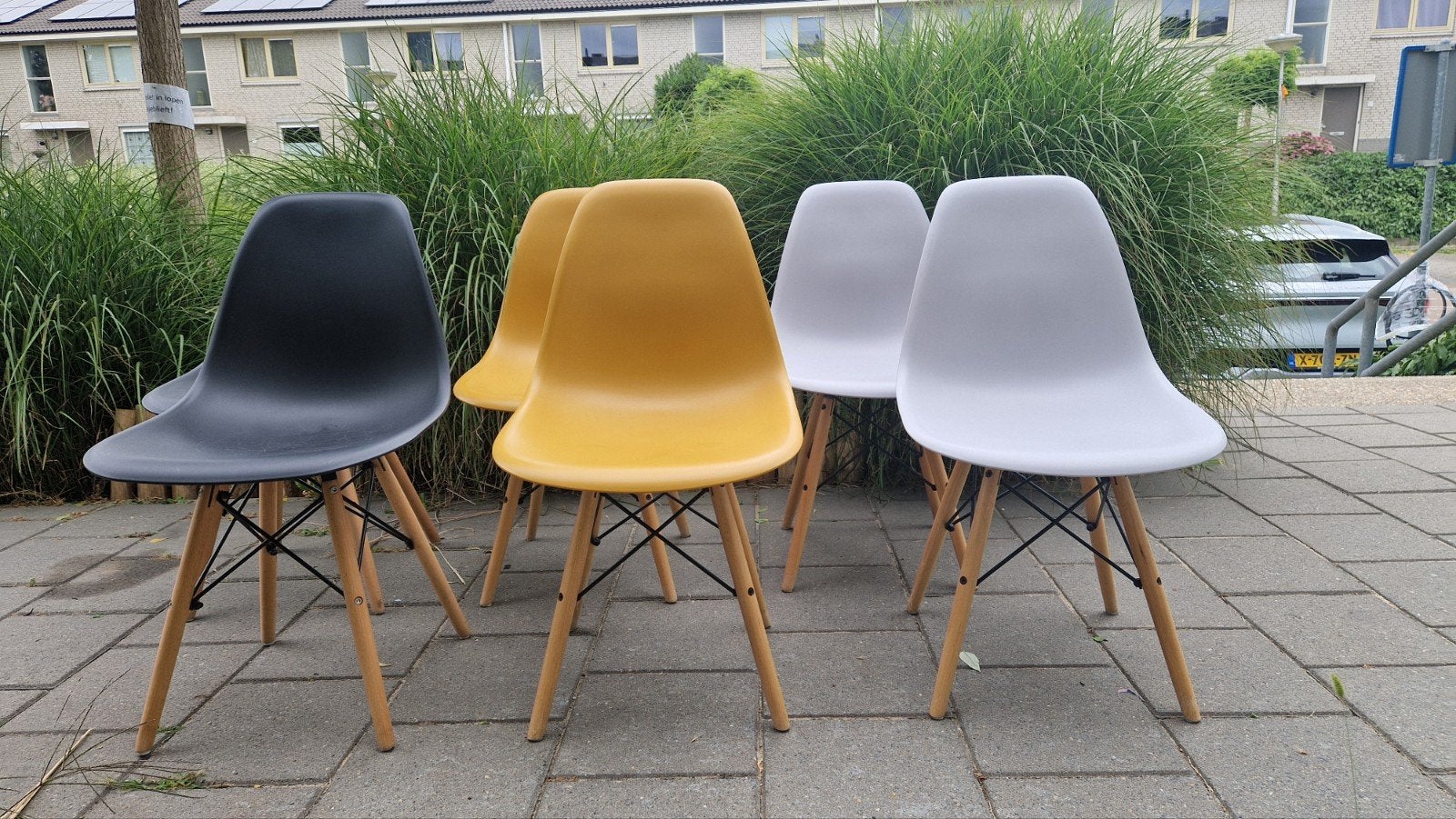 6 eetkamerstoelen, geel, lichtgrijs, zwart., Ophalen, Gebruikt, Overige kleuren, Vijf, Zes of meer stoelen