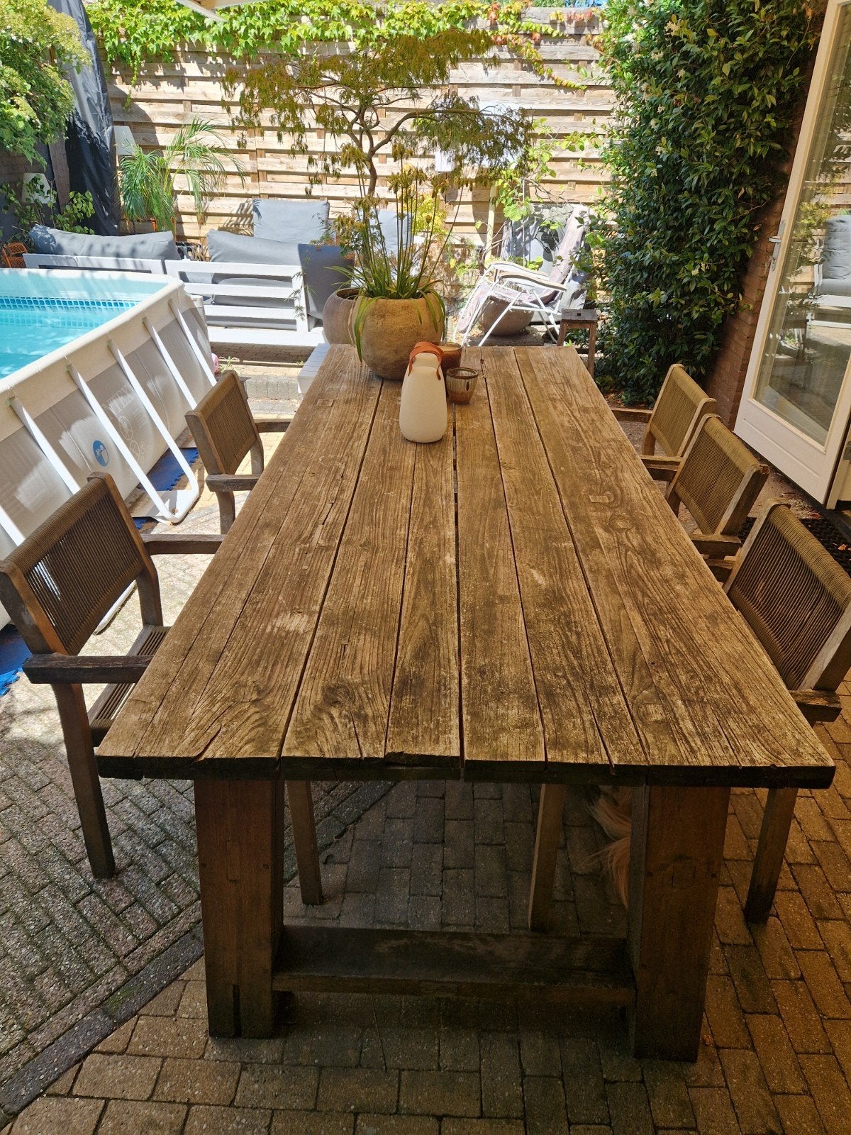 Robuuste Teakhouten Tuintafel met 5 Stoelen, Ophalen, Gebruikt, Teakhout, Rechthoekig