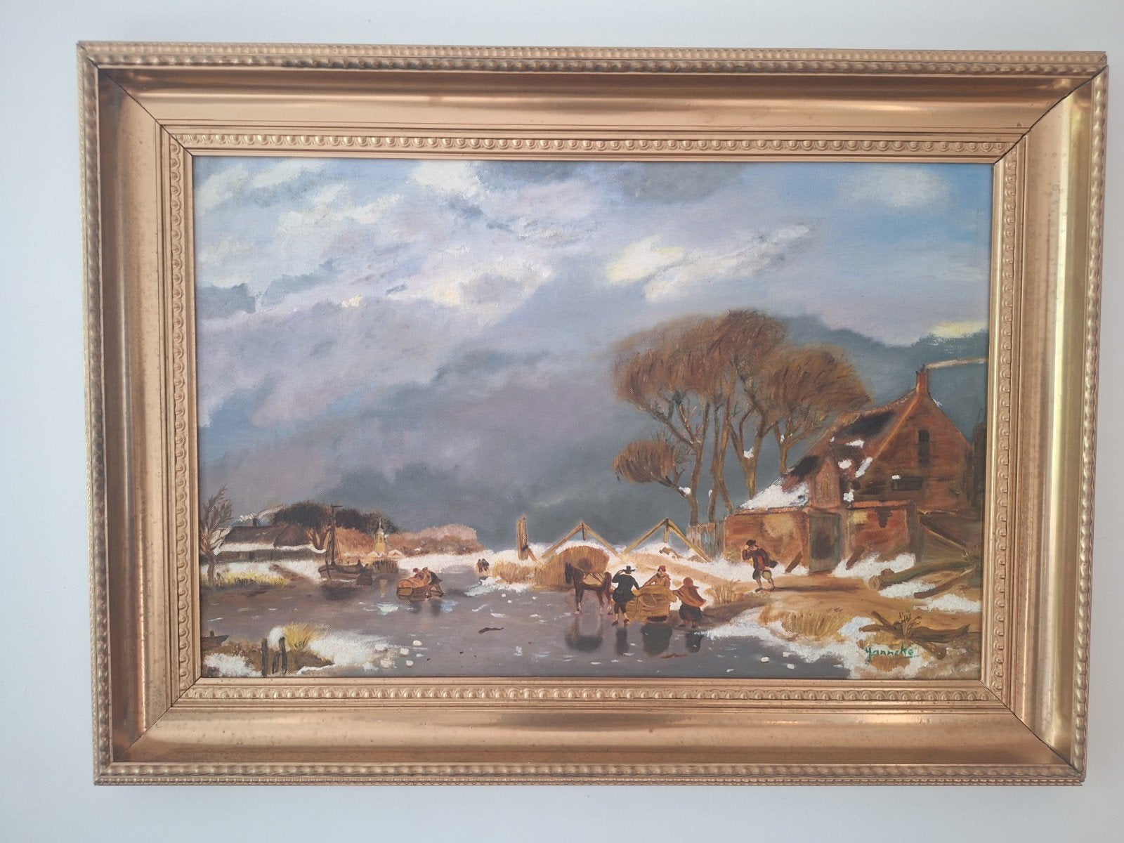 Luxe winters landschap schilderij, gesigneerd Janneke, Antiek en Kunst, Ophalen of Verzenden