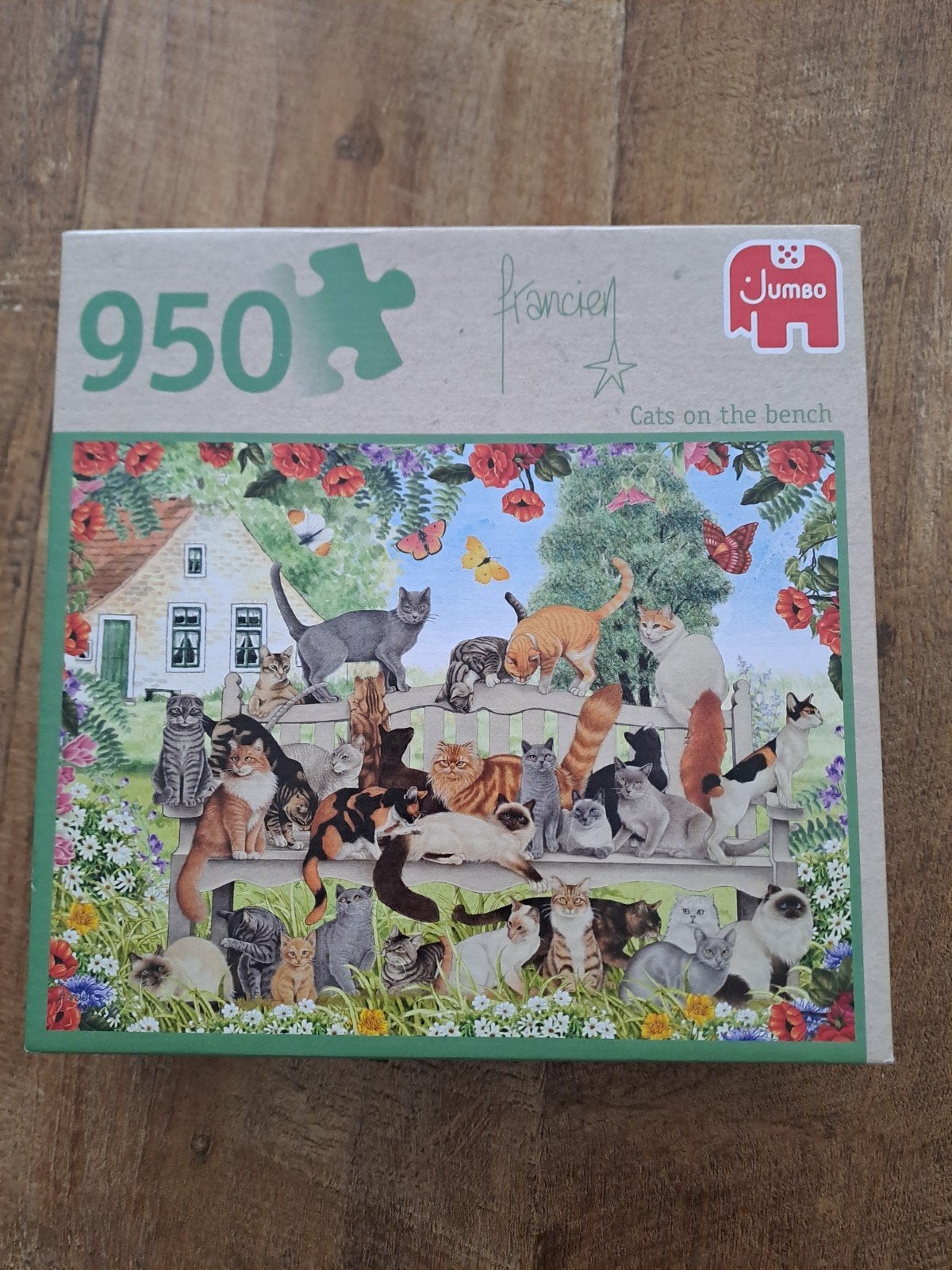Jumbo Francien puzzel Cats on the bench, 950 stukjes, Ophalen of Verzenden, 500 t/m 1500 stukjes, Zo goed als nieuw, Legpuzzel