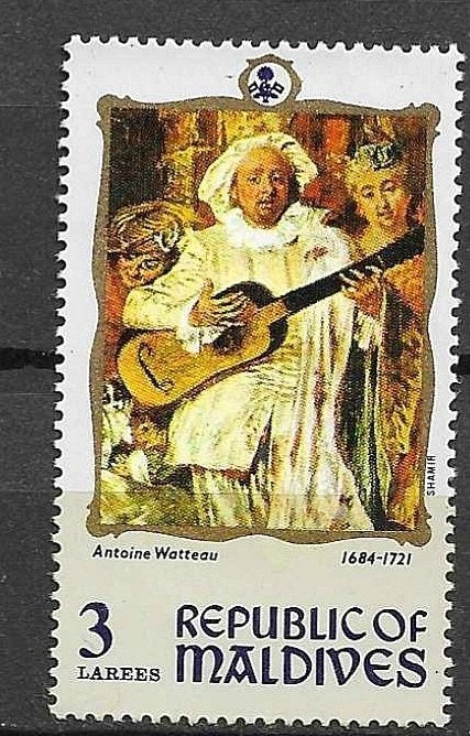 Malediven postzegel Antoine Watteau 1684-1721pf, Postzegels en Munten, Ophalen of Verzenden, Postfris, Zuid-Azië