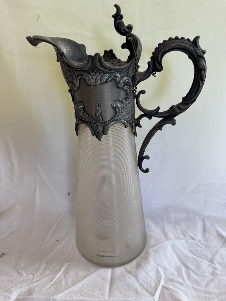 Antieke art nouveau karaf met tin montuur en glazen binnenwe, Antiek en Kunst, Ophalen