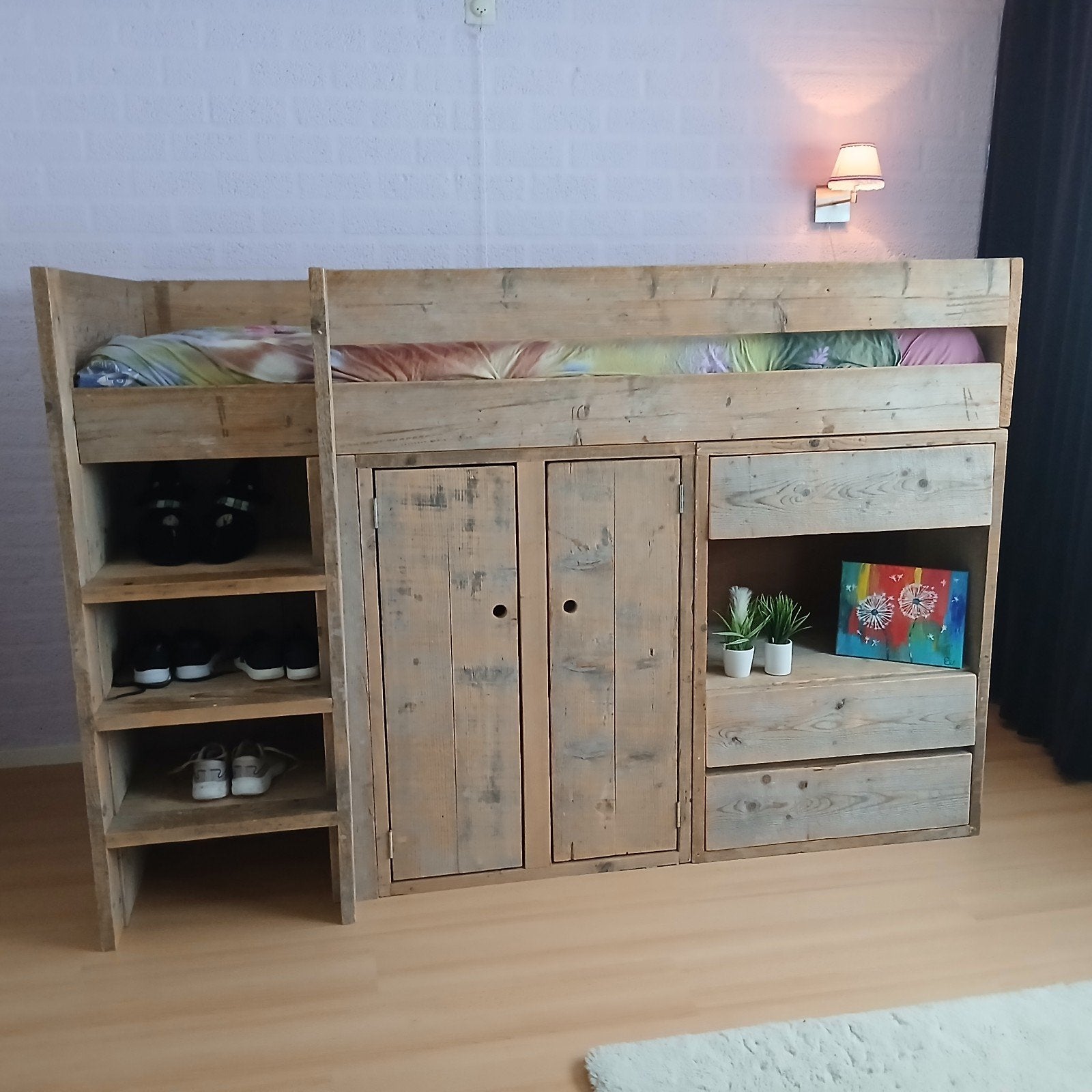 Steigerhouten hoogslaper inclusief opbergruimte, Ophalen, Gebruikt, Hoogslaper