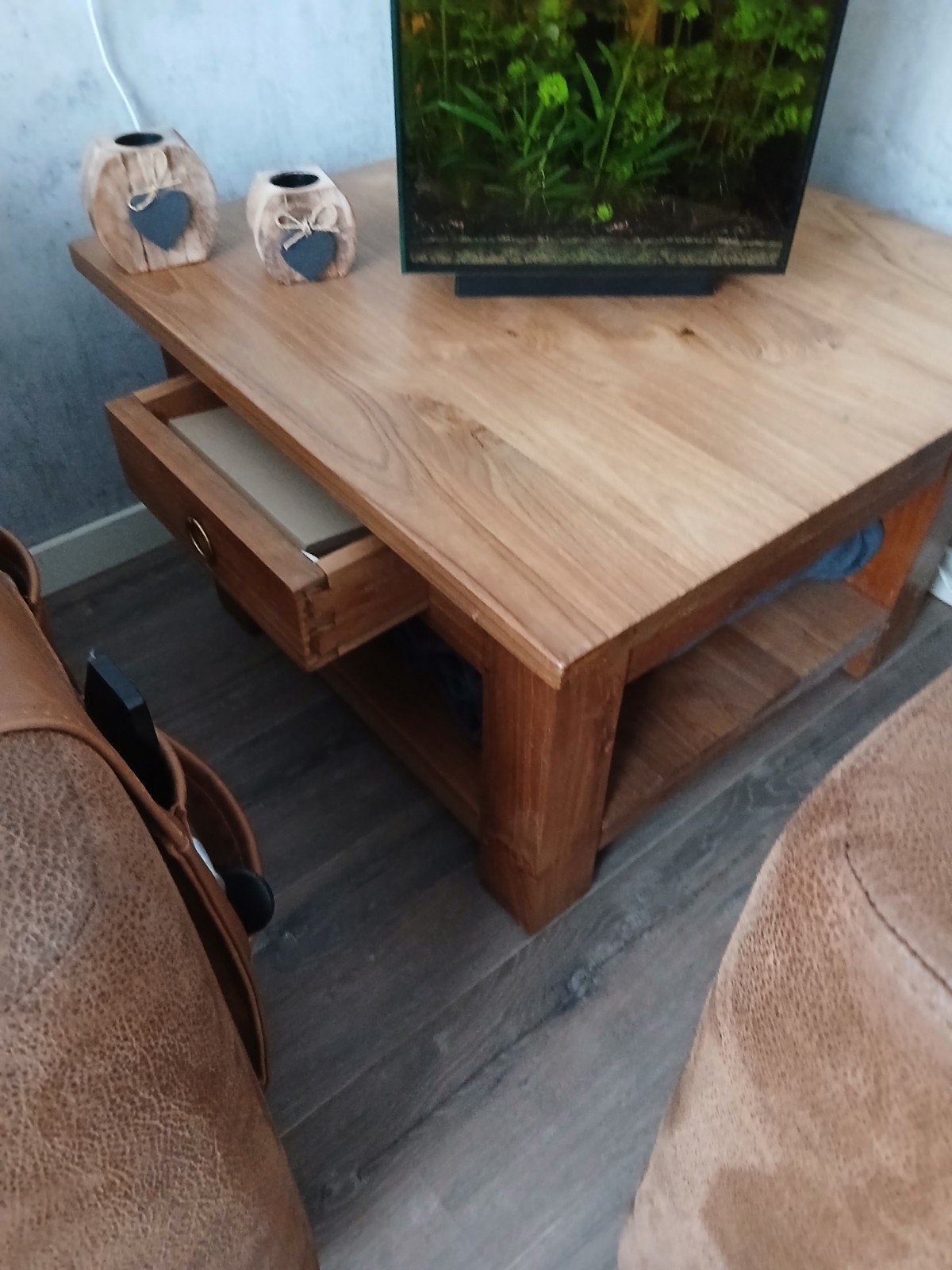 Teakhouten salontafel 70x70 met lade en plank, Ophalen, Gebruikt, 50 tot 100 cm, 50 tot 100 cm