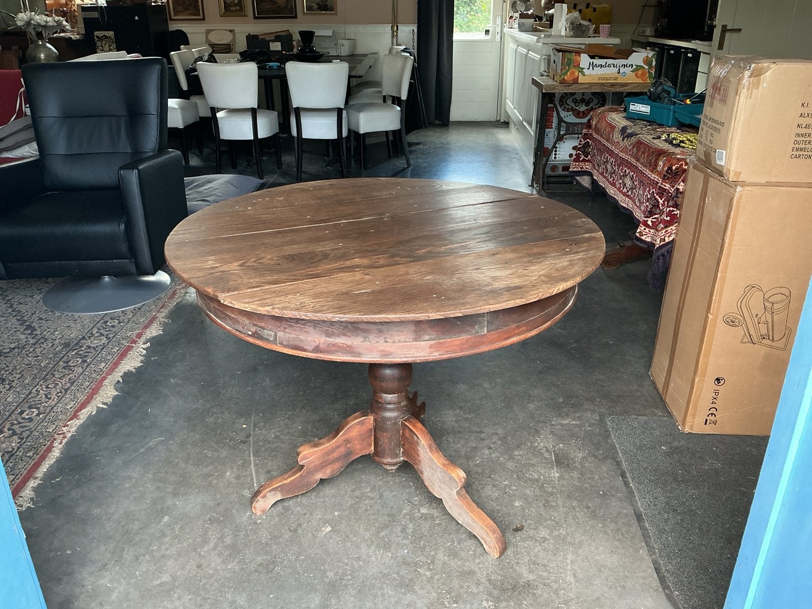 Antieke ronde houten tafel - 76cm hoog, 100cm diameter, Ophalen of Verzenden