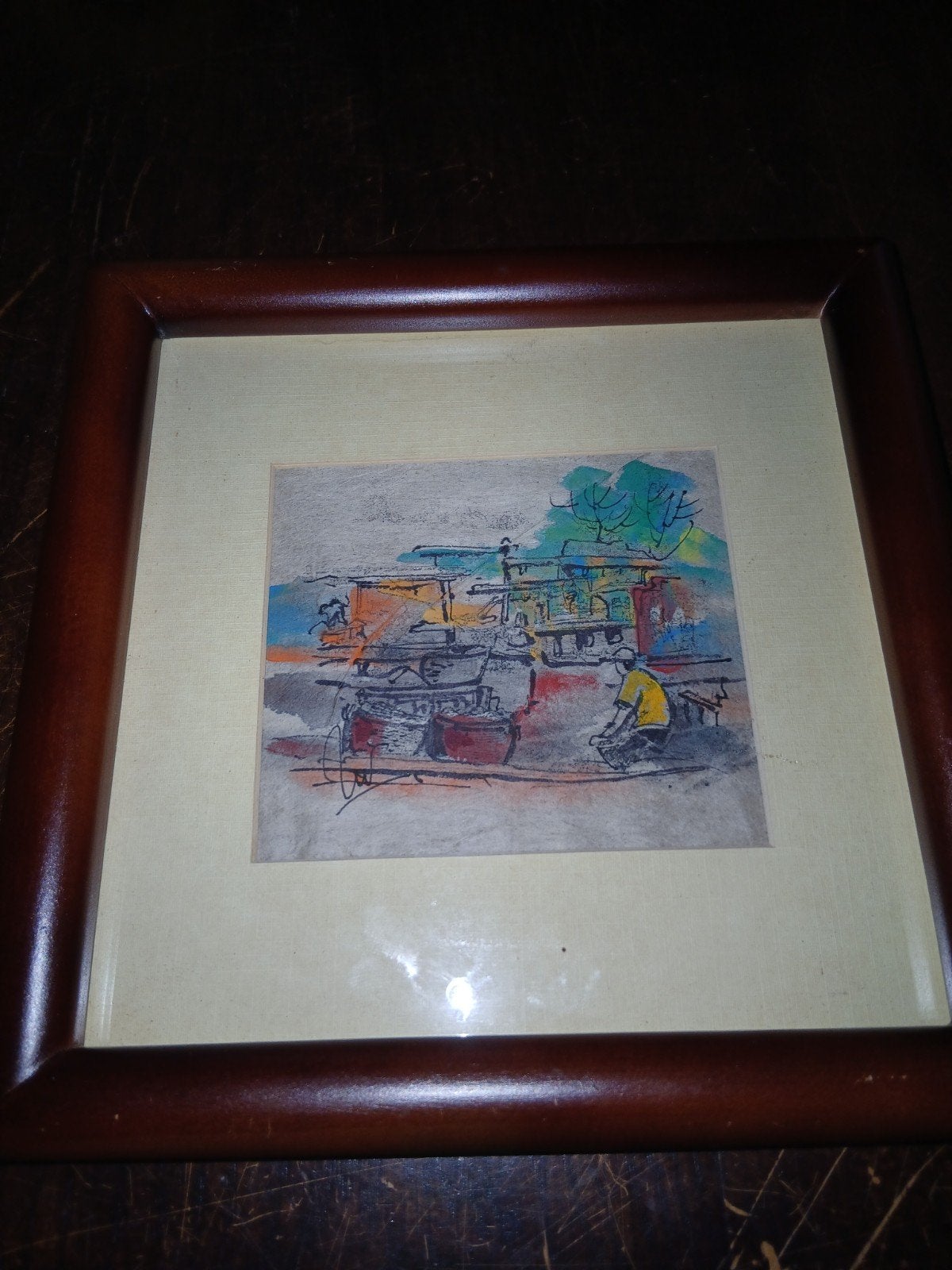 Ingelijst modern ingelijst aquarel met stadsgezicht en figu, Papier/karton, Ophalen of Verzenden, Gemengde techniek, Stadsgezicht
