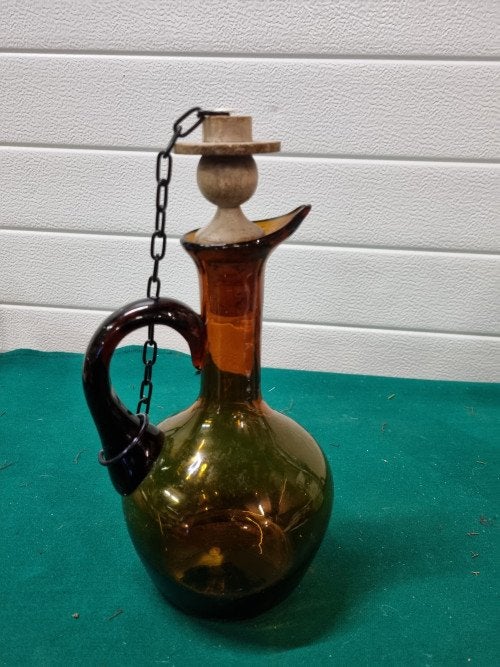-	Wijnschenker vintage geel bruin glas, Ophalen of Verzenden