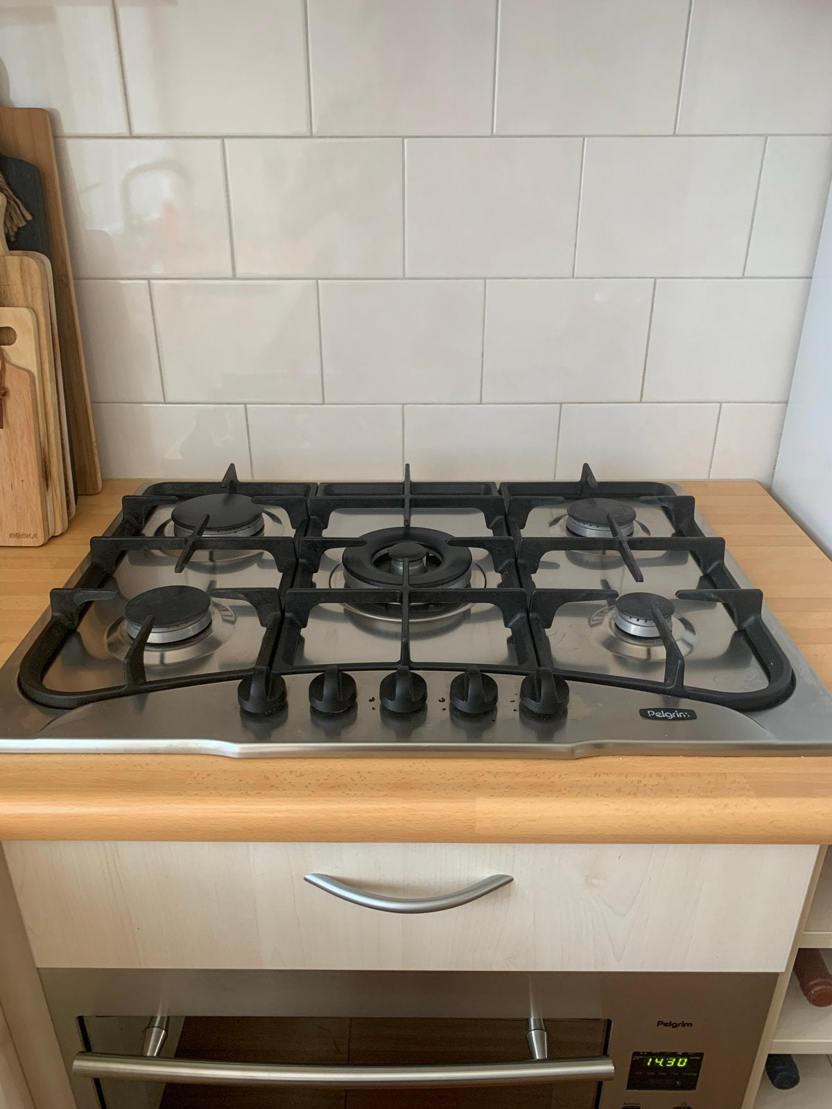 Pelgrim 5-pits RVS gaskookplaat met wokbrander, Ophalen, Gebruikt, Inbouw, Gas