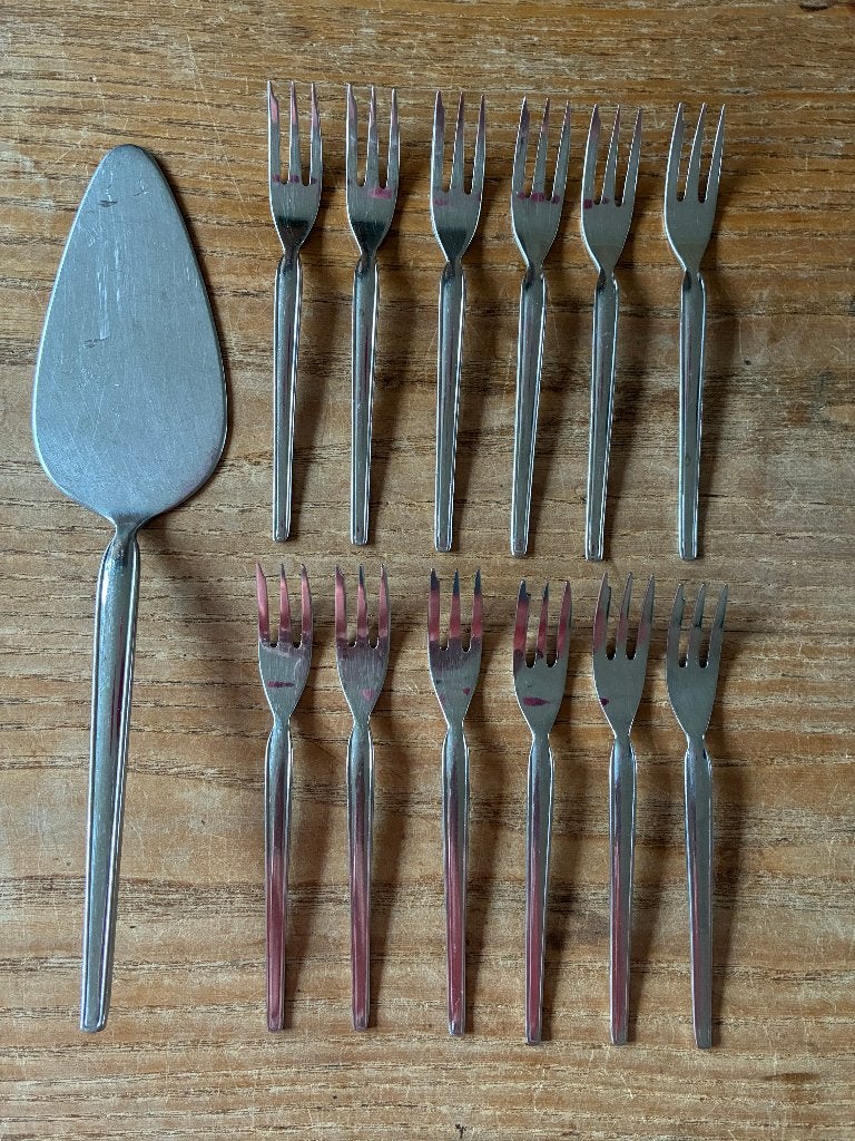 12 Vintage Sola Elite Desiree gebaksvorkjes + taartschep, Antiek en Kunst, Antiek | Bestek, Ophalen of Verzenden