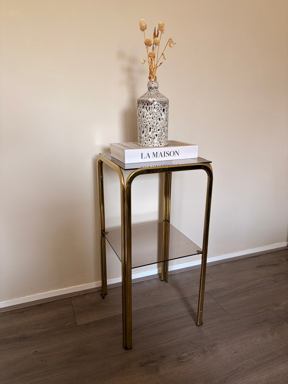 Vintage gouden bijzettafeltje, Huis en Inrichting, Ophalen, Minder dan 55 cm, Gebruikt, Vintage