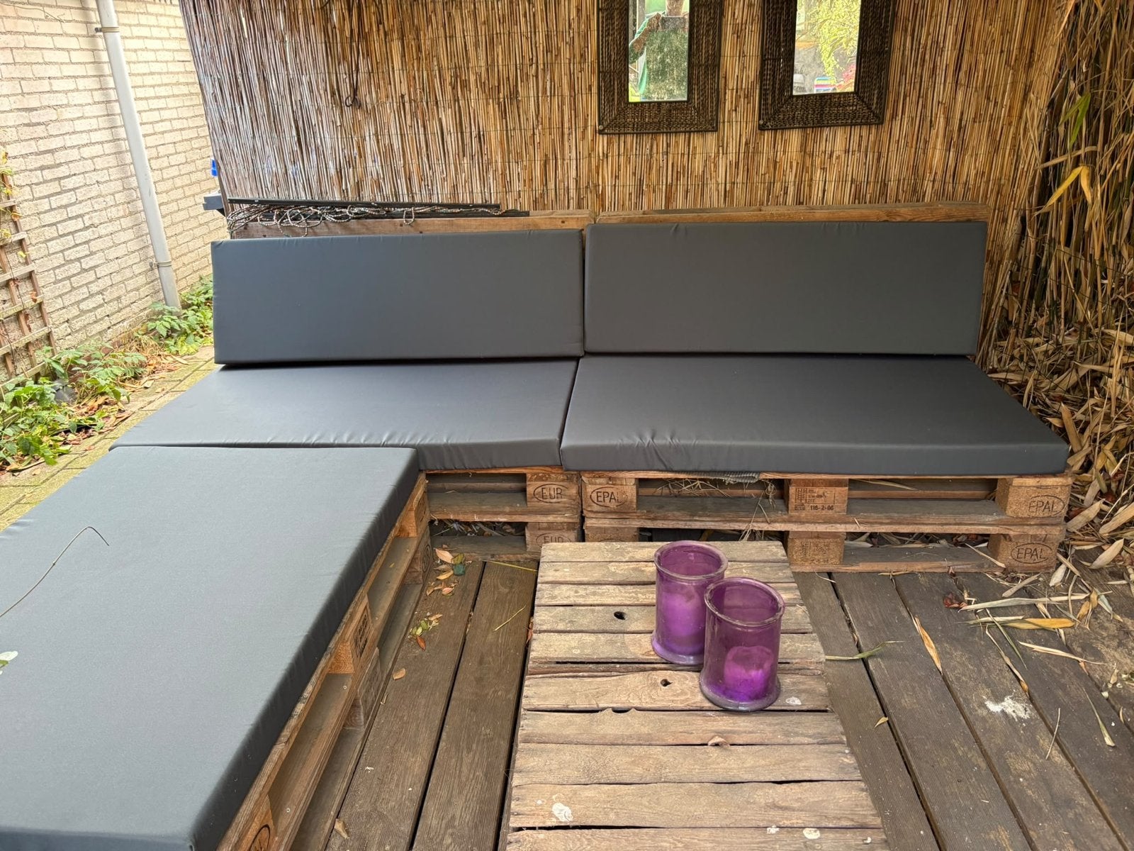 Complete Palletbank Loungeset met Kussens en Tafeltjes, Ophalen, Gebruikt, Meer dan 8 zitplaatsen, Loungeset