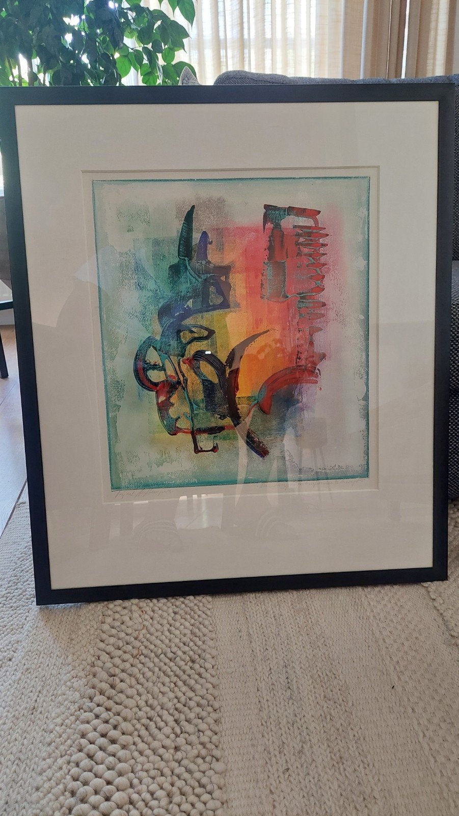 Abstracte zeefdruk 63x75 cm, ingelijst, Antiek en Kunst, Kunst | Etsen en Gravures, Ophalen, Zeefdruk, Ingelijst, 1950 - 1999