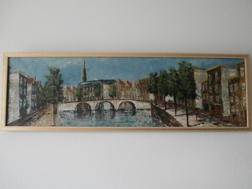 Olieverfschilderij Amsterdam, Antiek en Kunst, Kunst | Schilderijen | Klassiek, Ophalen, Olieverf, Stads- / dorpsgezicht, Doek