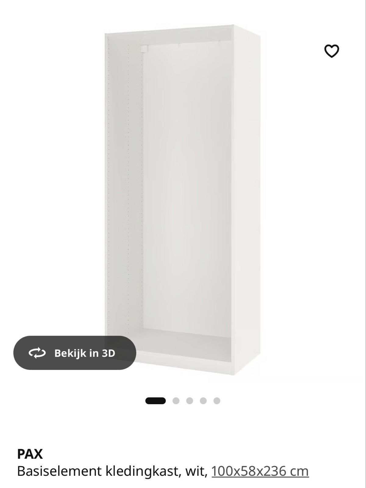 IKEA PAX Basiselement kledingkast, wit, 100x58x236 cm, Ophalen, Met plank(en), 200 cm of meer, Nieuw