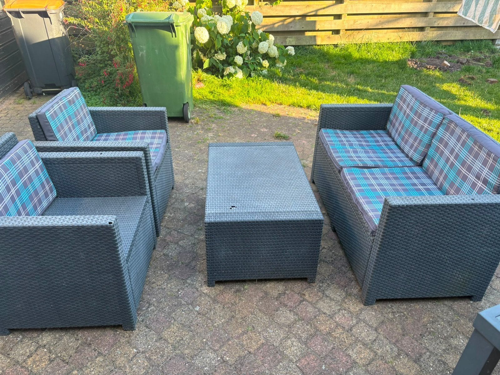 Wicker loungeset met kussens en tafel, Ophalen