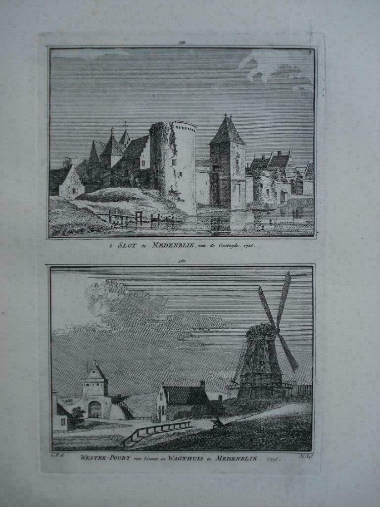 359-360 Medemblik Westerpoort en Wachthuis Kopergravure 1752, Antiek en Kunst, Ophalen of Verzenden