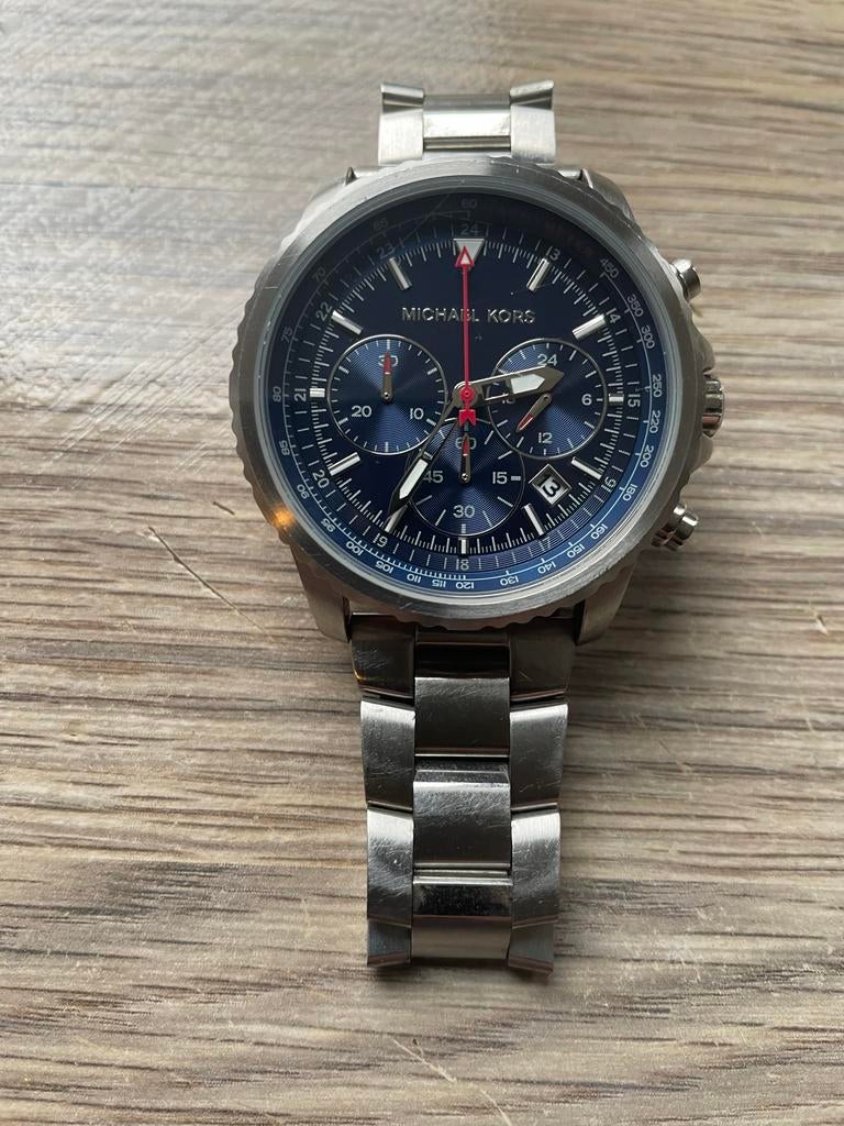 Michael Kors MK8641 Herenhorloge - Blauwe Plaat, Rode Wijzer, Overige merken, Gebruikt, Staal, Polshorloge