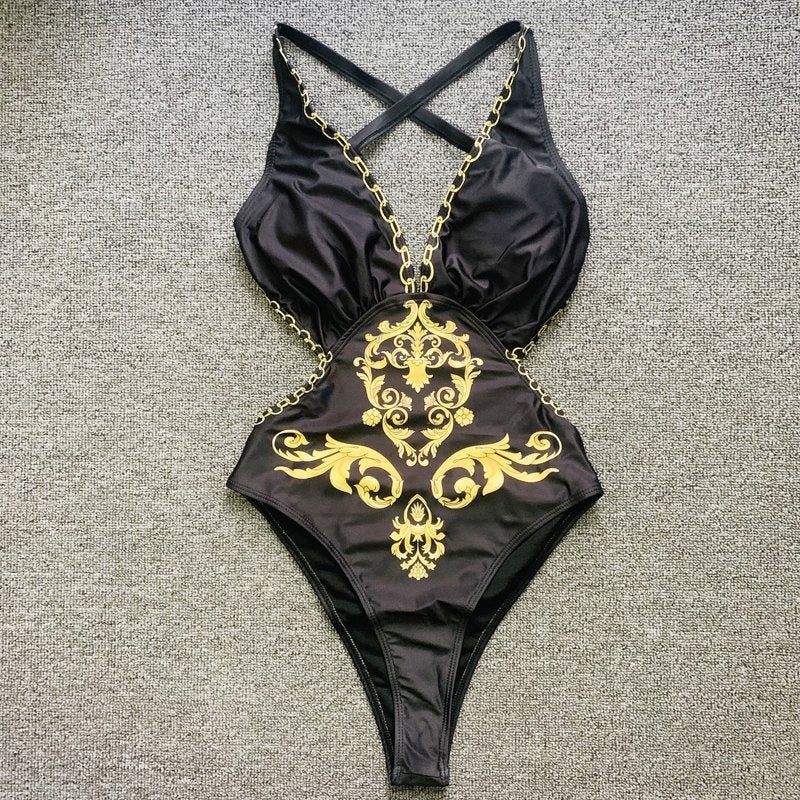 Barok badpak 1 / goud zwart gouden bloemen voorgevormd luxe, Verzenden, Nieuw, Zwart, Badpak