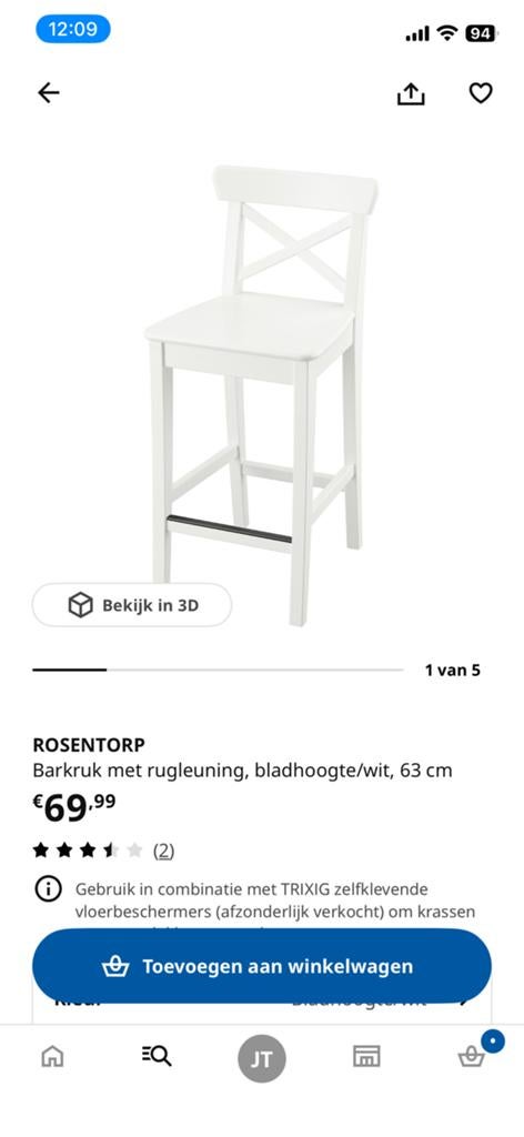 2x Ikea ROSENTORP barkruk incl. kussens, Huis en Inrichting, Barkrukken, 2 krukken, Ophalen, 60 tot 90 cm