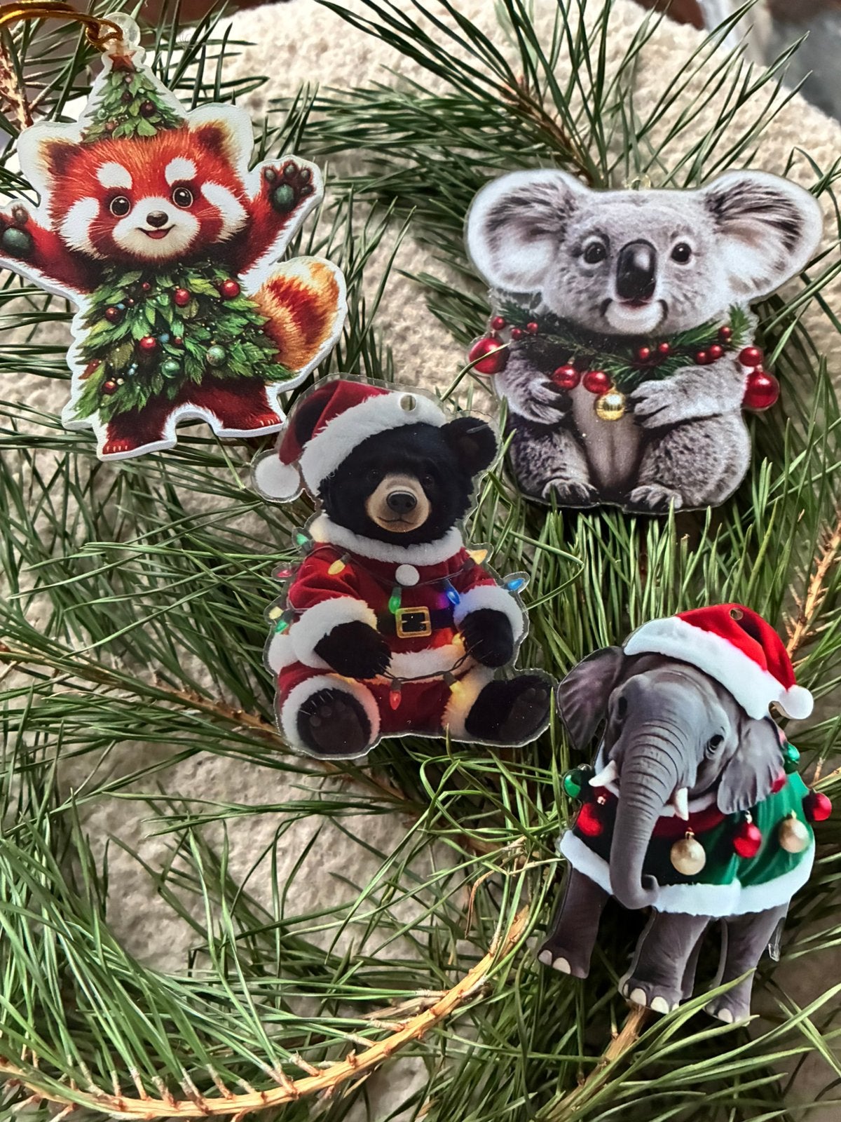 Kerst panda koala olifant beer kerstmuts 4 kerstboom hangers, Ophalen of Verzenden, Nieuw