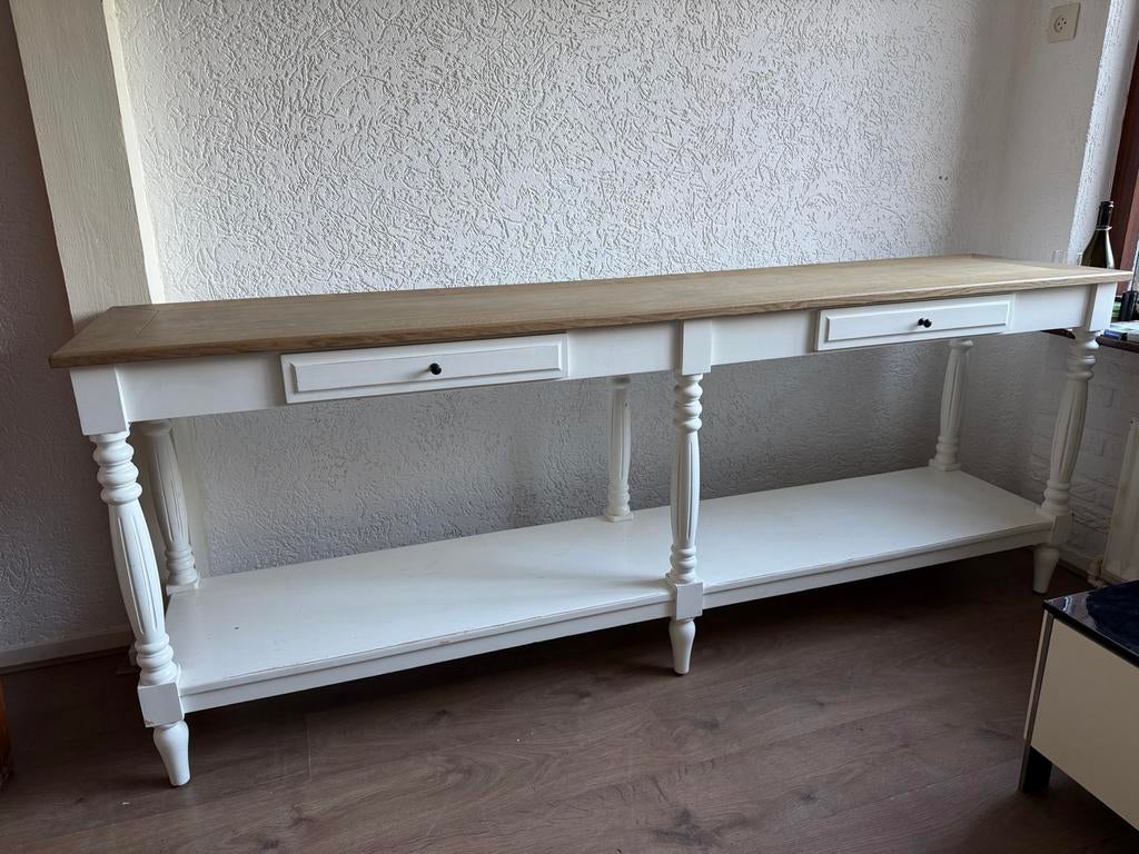 Landelijke console-/sidetable met lades en plank, Huis en Inrichting, Tafels | Sidetables, Ophalen, Gebruikt, 100 tot 150 cm, Landelijke stijl