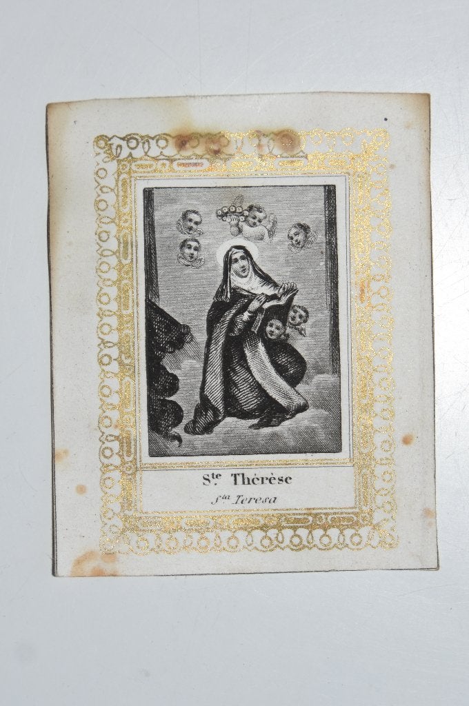 Antiek bidprentje St Thérèse van Liseux met engeltjes, Verzamelen, Verzenden, Bidprentje