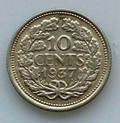 Zilveren 10 cent /Dubbeltje Nederland Wilhelmina 1937, Postzegels en Munten, Munten | Nederland, Verzenden, Zilver, 10 cent, Koningin Wilhelmina