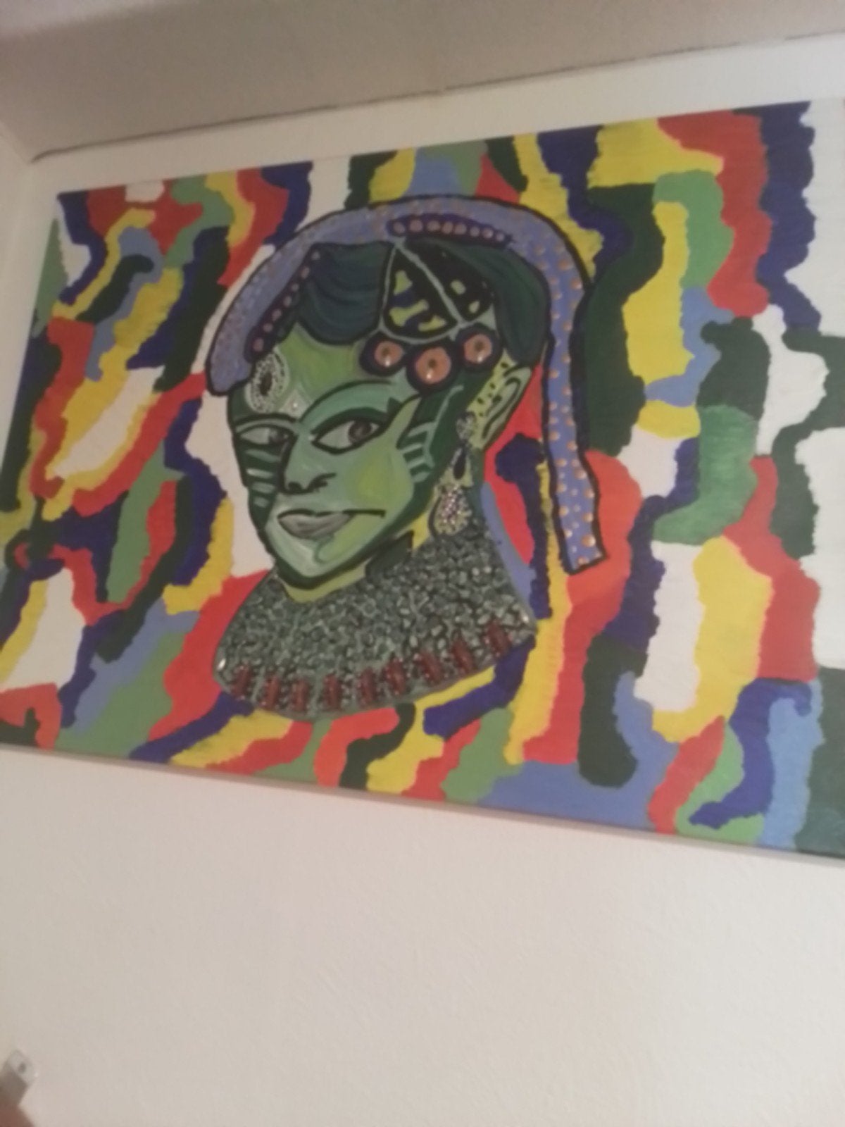 Groot Canvasdoek: Abstract Hoofd met Kralen Ketting (80x60), Ophalen of Verzenden