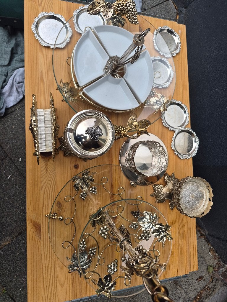 Vintage etagère en serveerset van glas en verzilverd metaal, Ophalen