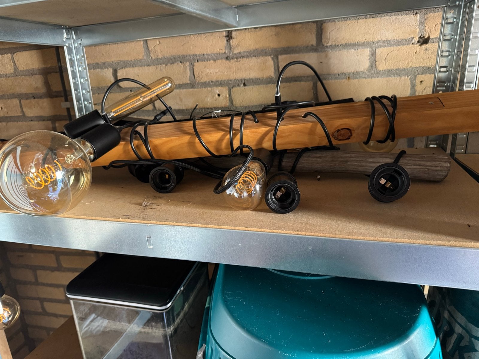 Unieke houten hanglamp met Edison-bollen, Ophalen, Zo goed als nieuw, Hout, E27 (groot)