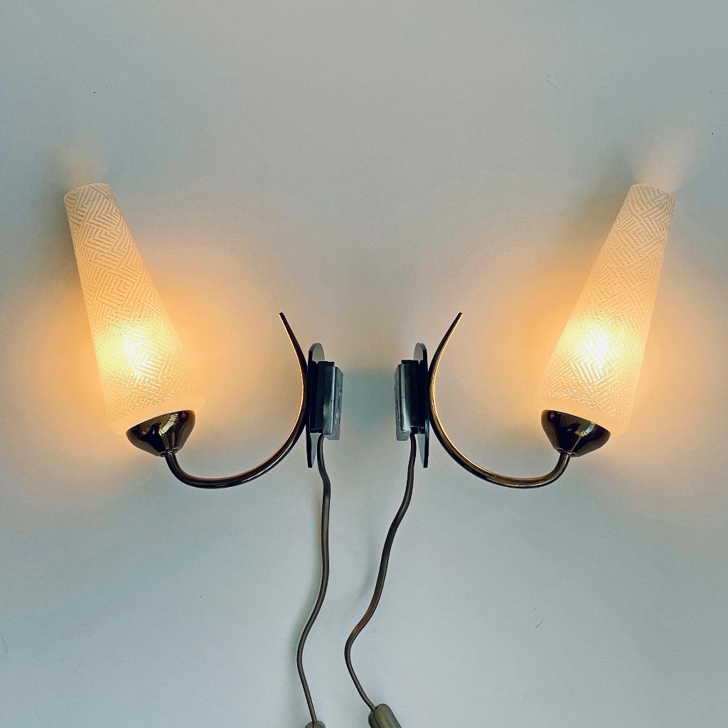 set vintage wand LAMPEN messing opaalglas Mid Century 50’s, Ophalen of Verzenden