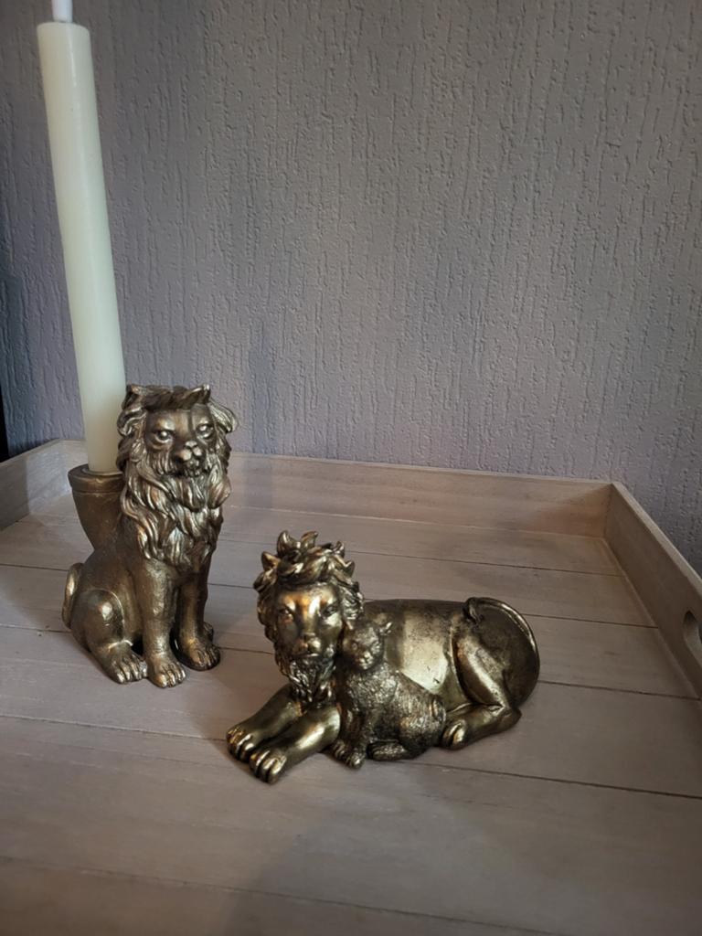 Goudkleurige Leeuw Kandelaar en Leeuw Beeldje, Ophalen, Overige materialen, Gebruikt, Overige kleuren