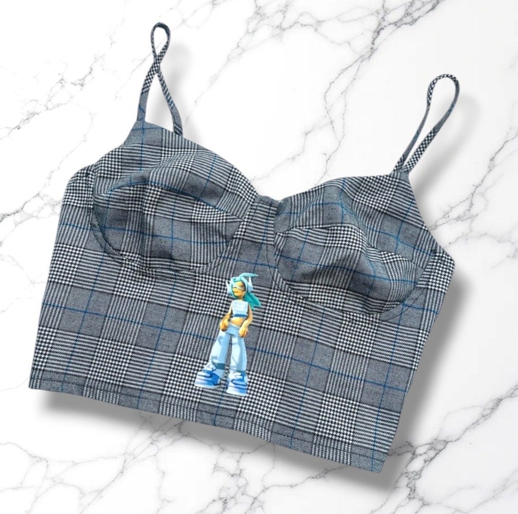 Gedragen geruite crop top met spaghettibandjes, Ophalen of Verzenden, Grijs, Gedragen, Maat 36 (S)