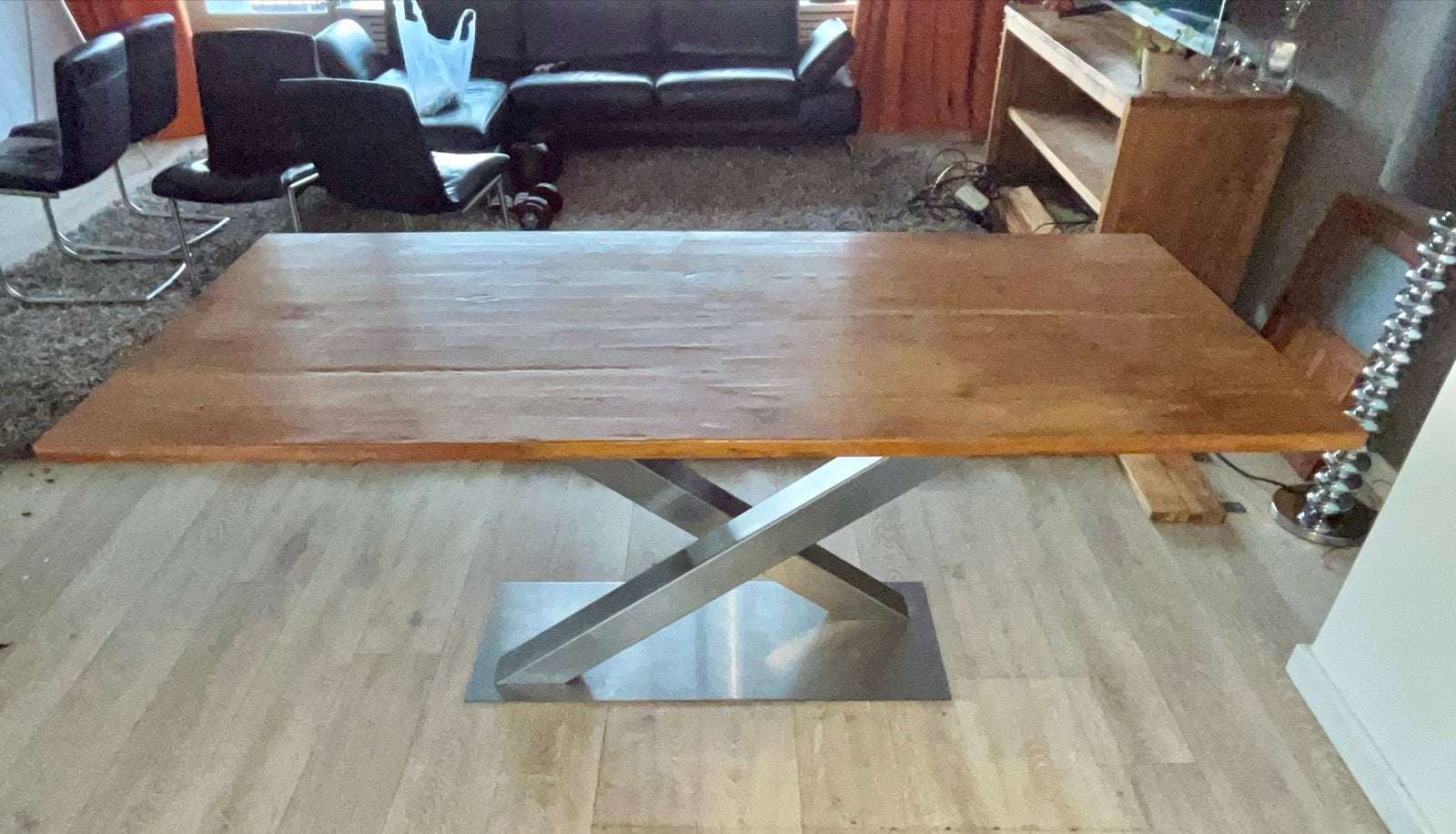 Teakhouten eettafel met Design RVS onderstel, Ophalen, Gebruikt, Teakhout, 50 tot 100 cm