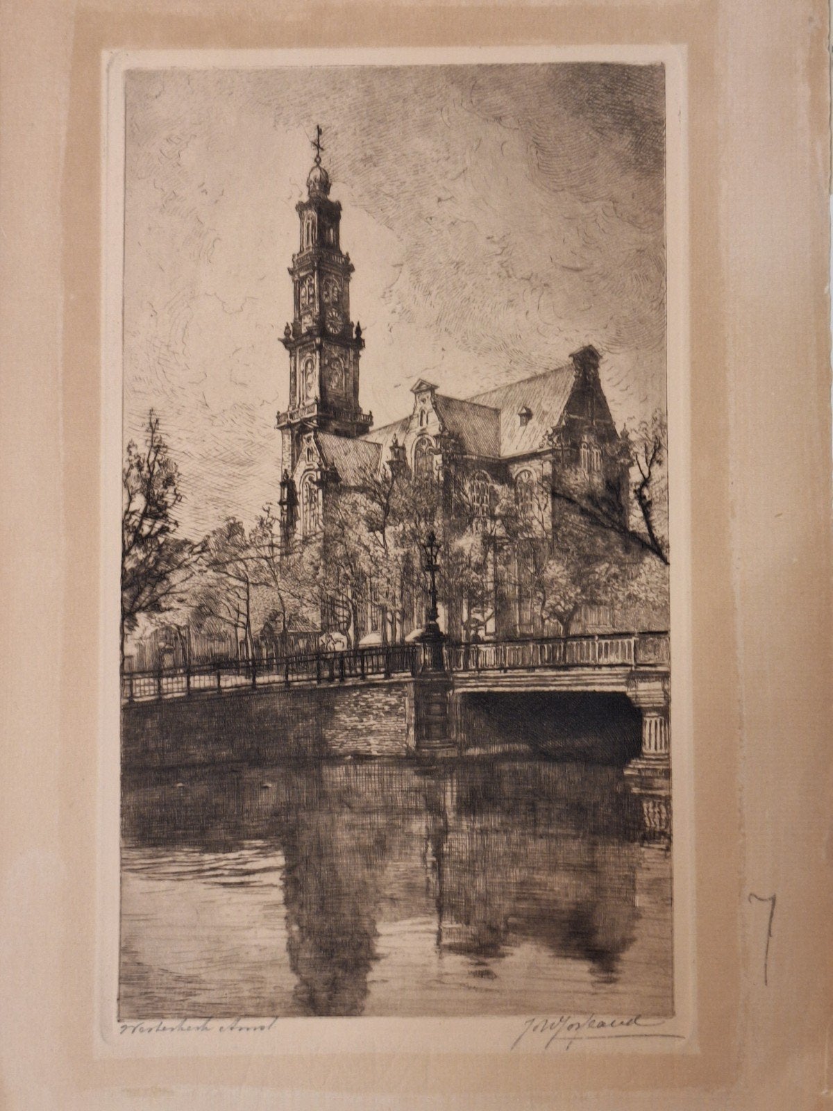 Ets Westerkerk Amsterdam door Josseaud, Ets, Stadsgezicht, Ophalen of Verzenden, Gesigneerd