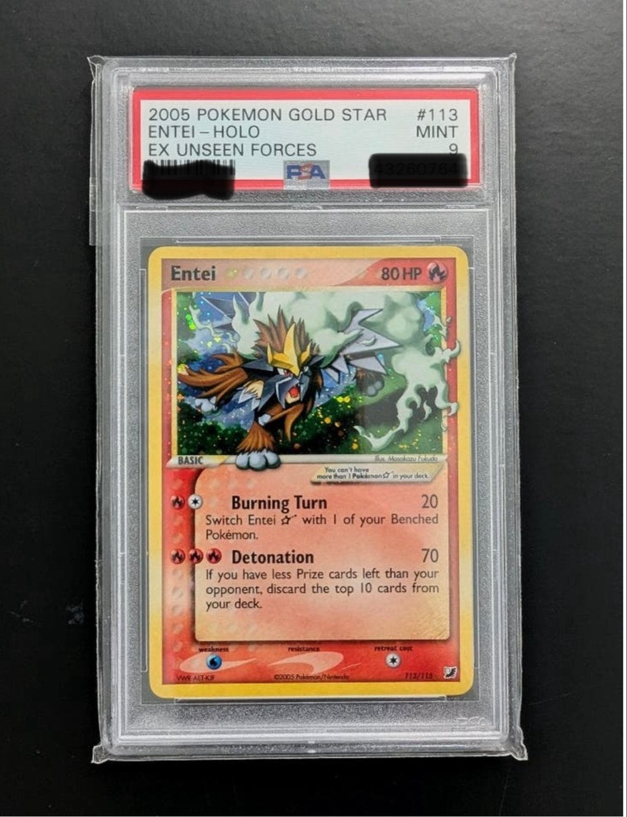 2005 Pokémon Gold Star Entei Holo PSA 9 Mint, Ophalen of Verzenden, Zo goed als nieuw, Losse kaart, Foil