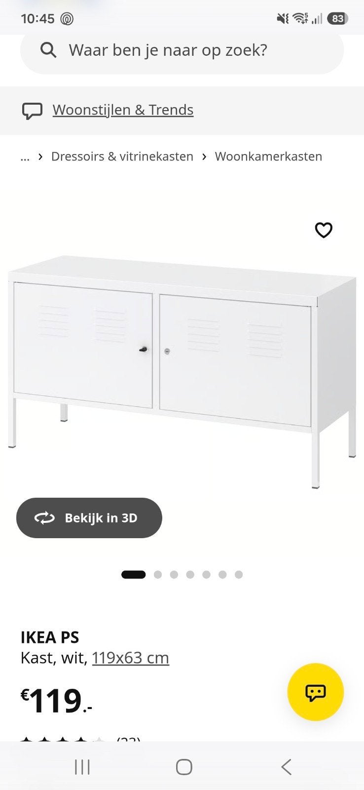 IKEA PS Kast, wit, 119x63 cm, Ophalen, Gebruikt