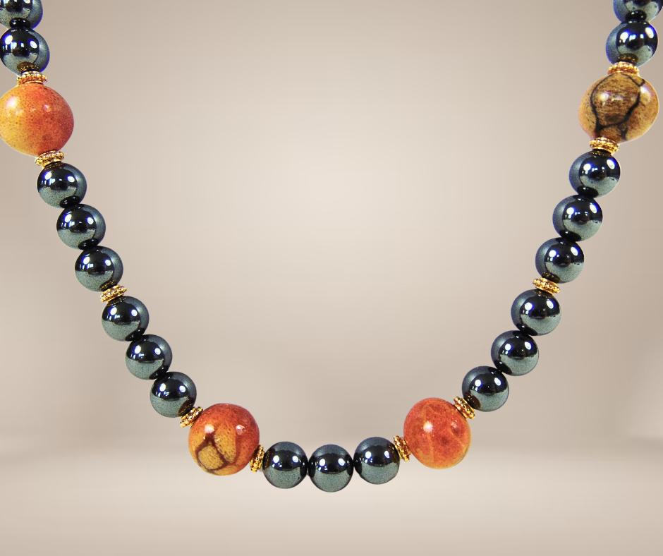 Prachtige vintage HEMATIET en APPELKORAAL ketting!, Overige kleuren, Verzenden, Zo goed als nieuw, Met edelsteen