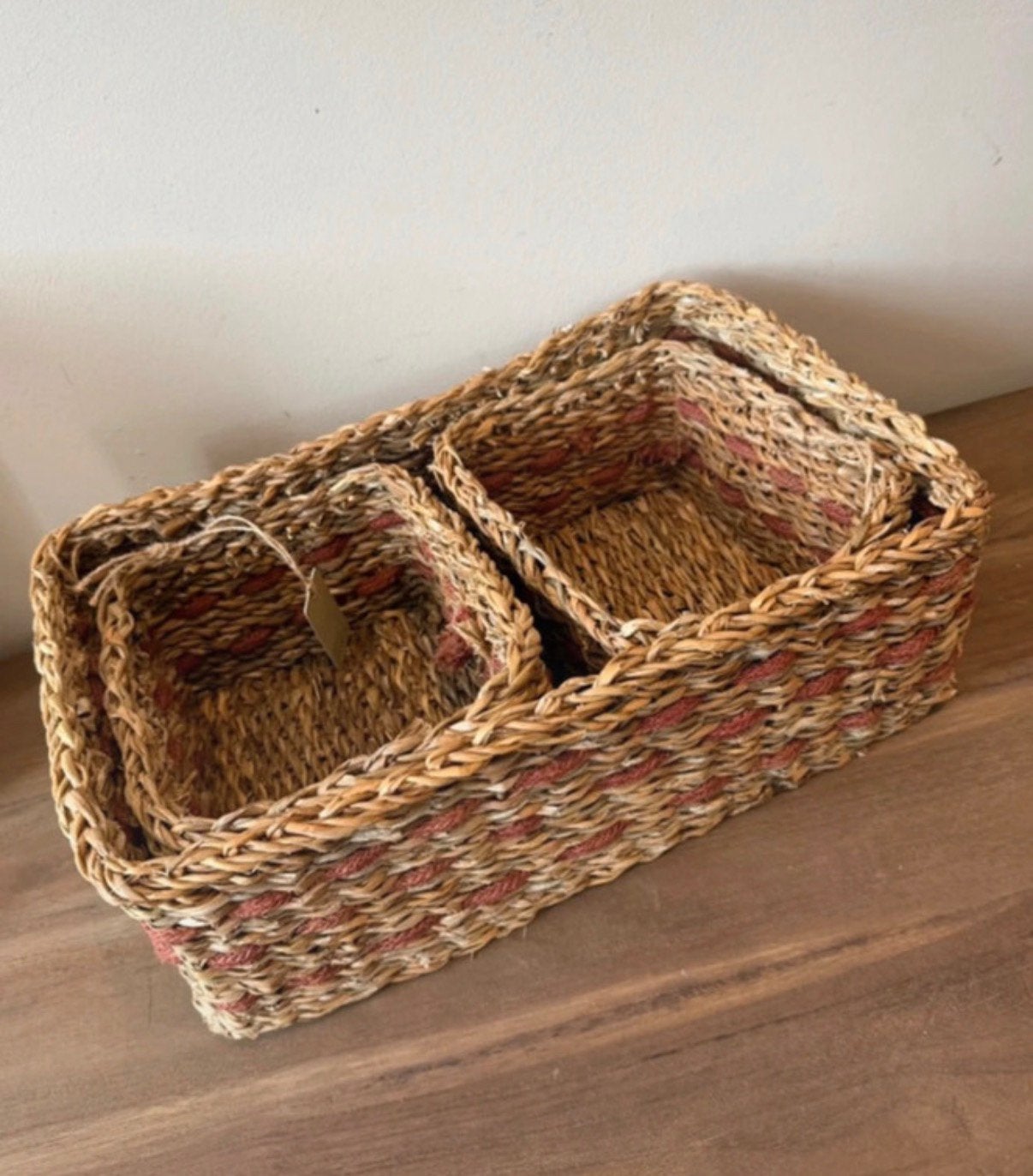 Set / 3 rieten mand - mandjes, -, Vierkant, Nieuw, Ophalen of Verzenden