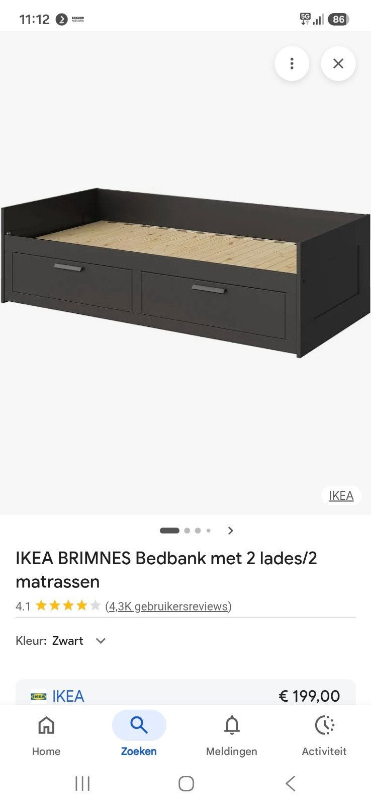 Ikea bed zwart uitschuifbaar tot tweepersoonsbed, Ophalen, Zwart, 80 cm, Hout