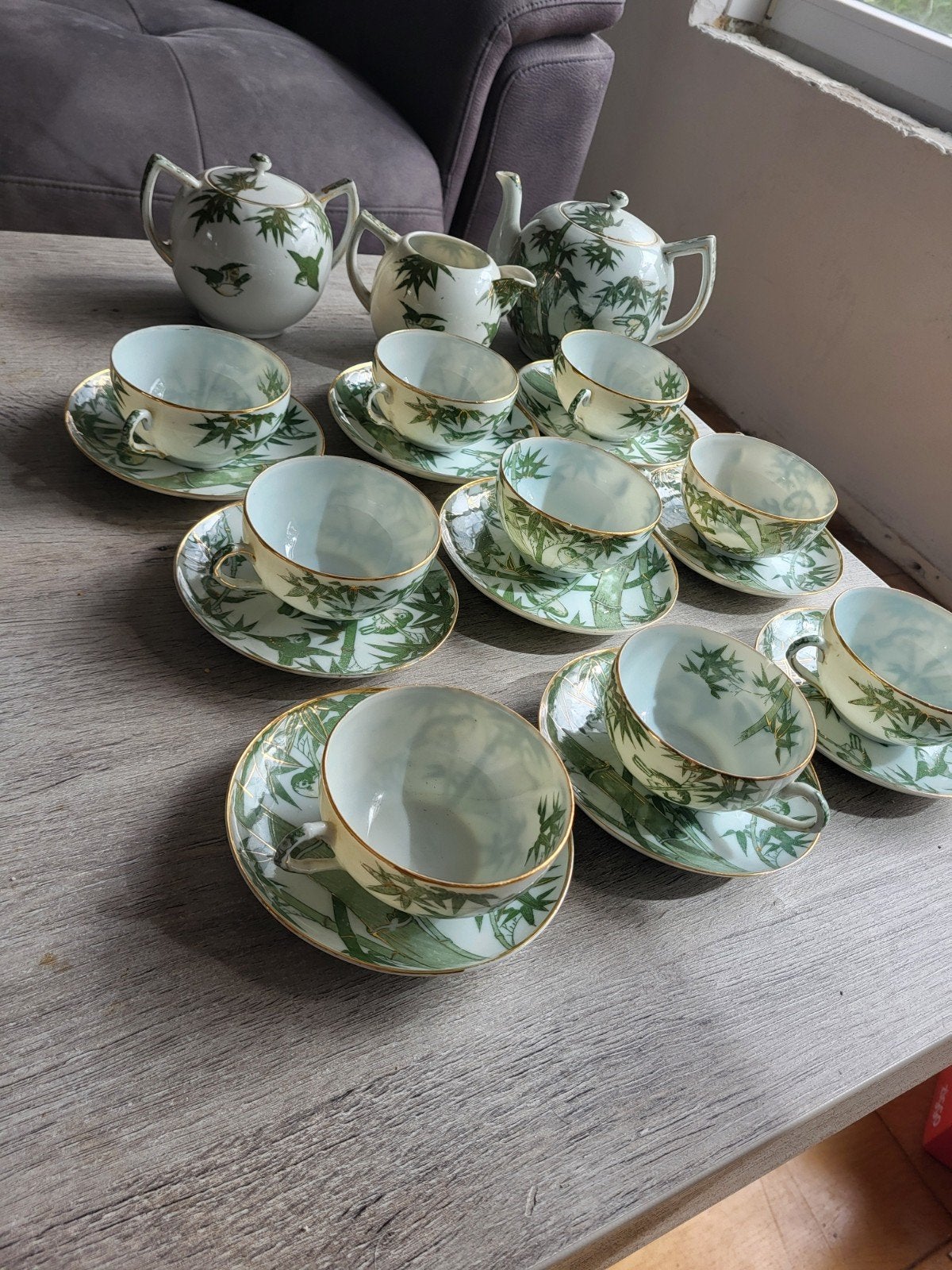 Vintage Japans theeservies met bamboe en vogel decor, Antiek en Kunst, Ophalen
